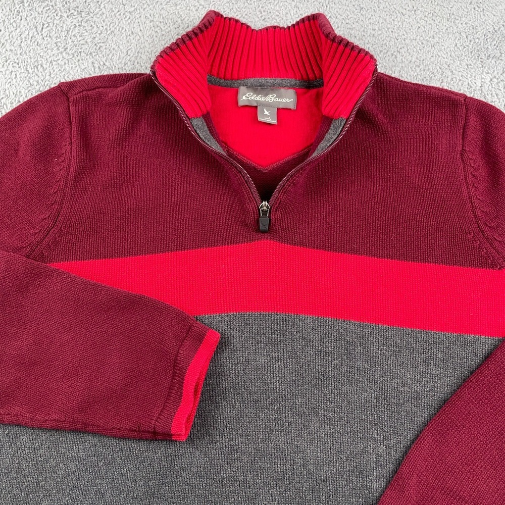Eddie Bauer Sweater Mens Large Red Gray 1/4 Zip Cotton Knit Heavyweight Casual